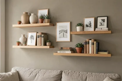 Mur salon décoré avec trois étagères flottantes en chêne clair ornées de vases céramiques, plantes succulentes et livres