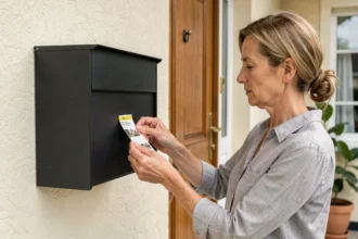 Femme appliquant une étiquette imprimée sur une boîte aux lettres noire à l'entrée de sa maison