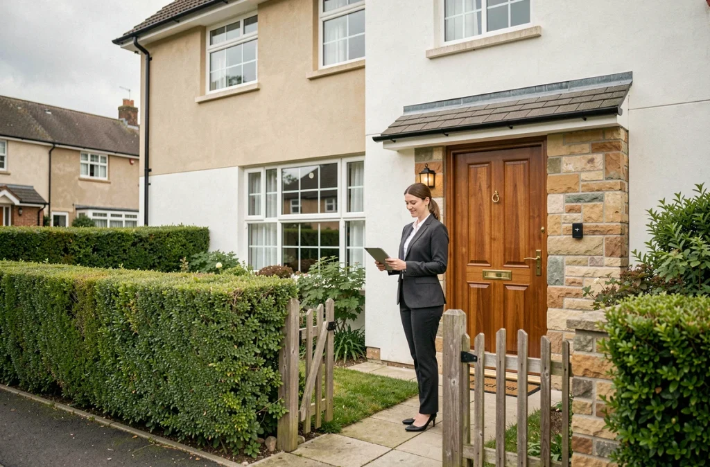 Agente immobilière devant une maison de banlieue dont la façade vient d'être nettoyée, illustrant l'impact du ravalement sur l'attractivité immobilière
