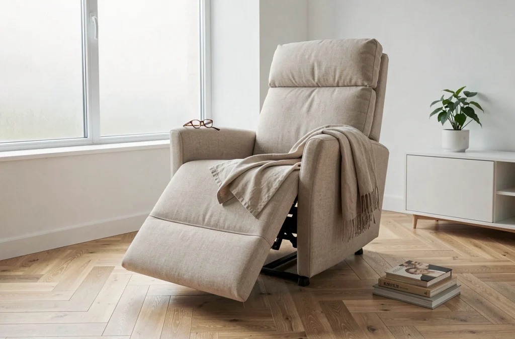 Fauteuil de lecture avec repose-pieds en tissu dans un appartement scandinave minimaliste avec parquet en chêne et livre empilés au sol