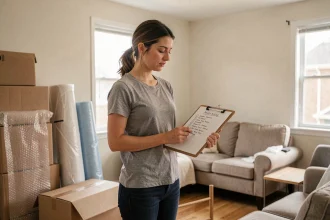 Femme tenant une check-list de déménagement dans un salon rempli de cartons, gérant son stress grâce à une organisation méthodique