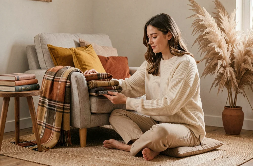 Femme arrangeant un plaid et des coussins coordonnés en jaune moutarde et rouille dans un coin lecture chaleureux et bohème