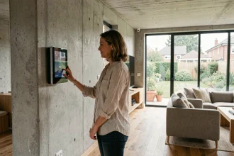 Femme interagissant avec un panneau de domotique dans un salon moderne et minimaliste