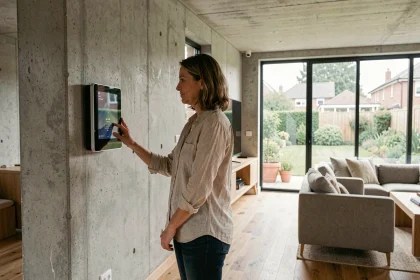 Femme interagissant avec un panneau de domotique dans un salon moderne et minimaliste