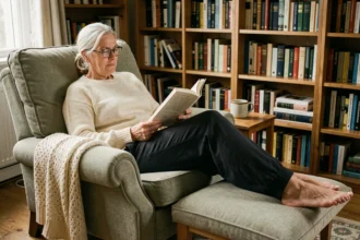 Femme de 45 ans lisant dans un fauteuil de lecture confortable avec repose-pieds intégré dans un salon cosy aux tons chauds