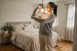 Femme changeant une ampoule LED dans une chambre cosy avec parquet en bois et literie neutre
