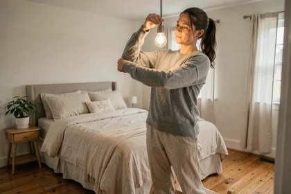 Femme changeant une ampoule LED dans une chambre cosy avec parquet en bois et literie neutre