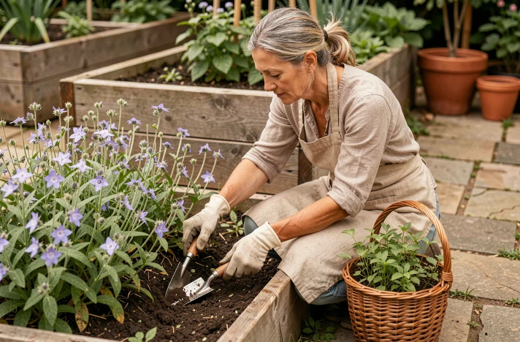Femme jardinant parmi des plantes mellifères comme la bourrache et la phacélie dans un potager