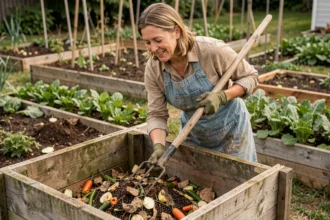 Femme jardinière retournant un tas de compost dans un bac en bois au potager