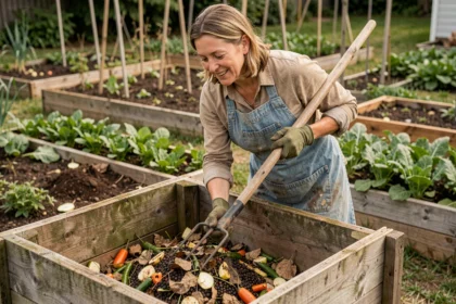 Femme jardinière retournant un tas de compost dans un bac en bois au potager