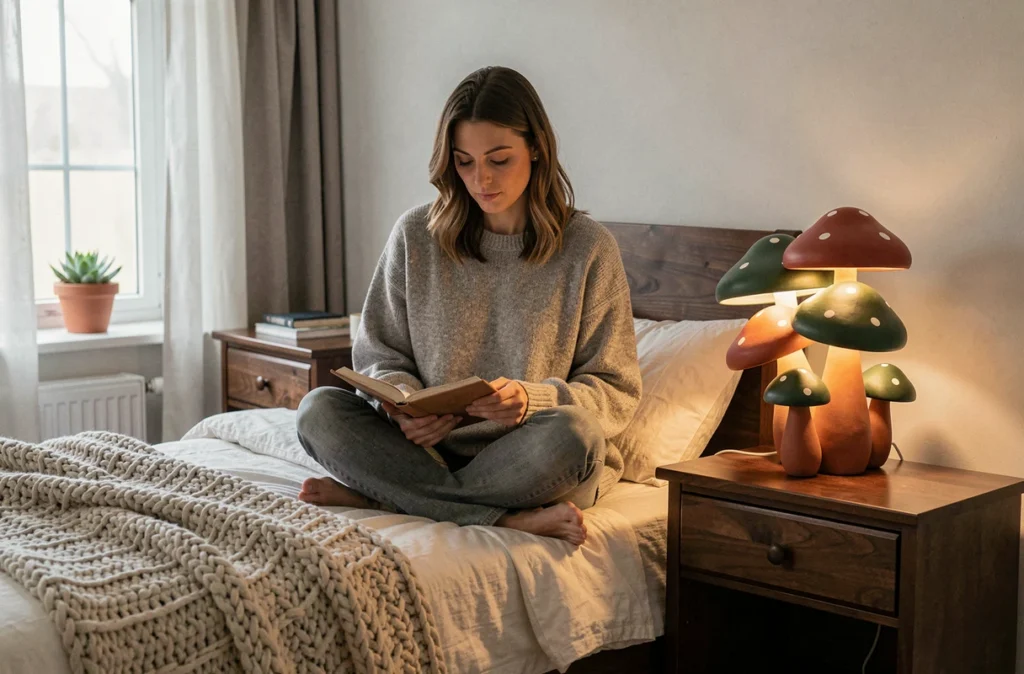 Femme lisant un livre dans son lit à côté d'une lampe de chevet champignon terracotta dans une chambre chaleureuse aux tons boisés