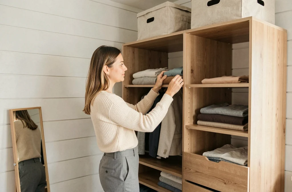 Femme organisant ses vêtements dans un dressing aménagé avec une penderie modulable dans un appartement