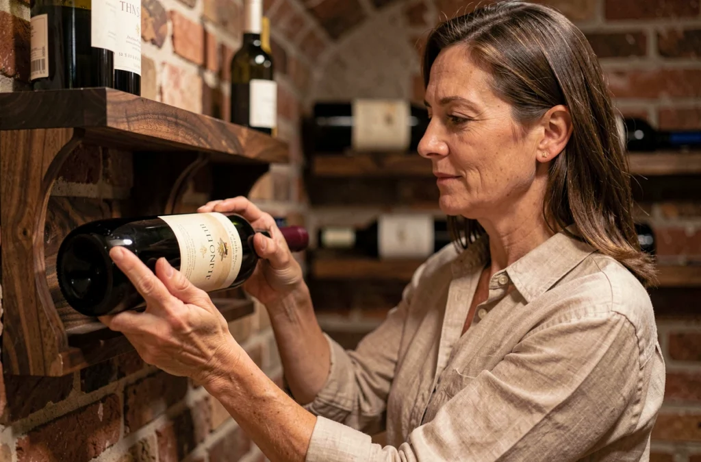 Femme rangeant une bouteille de vin dans un porte bouteille mural en bois noyer dans une cave à vin