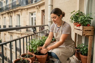 Femme aménageant un balcon urbain en potager avec des herbes aromatiques et des tomates cerises dans des pots en terre cuite