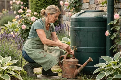 Femme jardiniÃ¨re remplissant un arrosoir depuis un baril de récupération d'eau de pluie dans un jardin fleuri