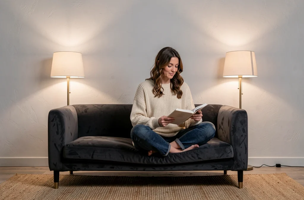 Femme lisant sur un canapé velours dans un salon scandinave avec plusieurs lampes de table disposées en couches
