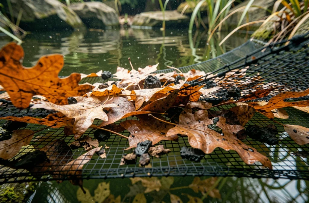 Vue sous-marine d'un filet de protection capturant une accumulation de feuilles mortes en décomposition au fond d'un bassin de jardin