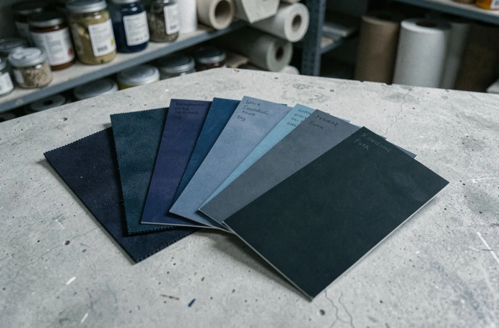 Nuanciers et échantillons de tissu bleu foncé étalés sur une surface en béton gris dans un studio de design