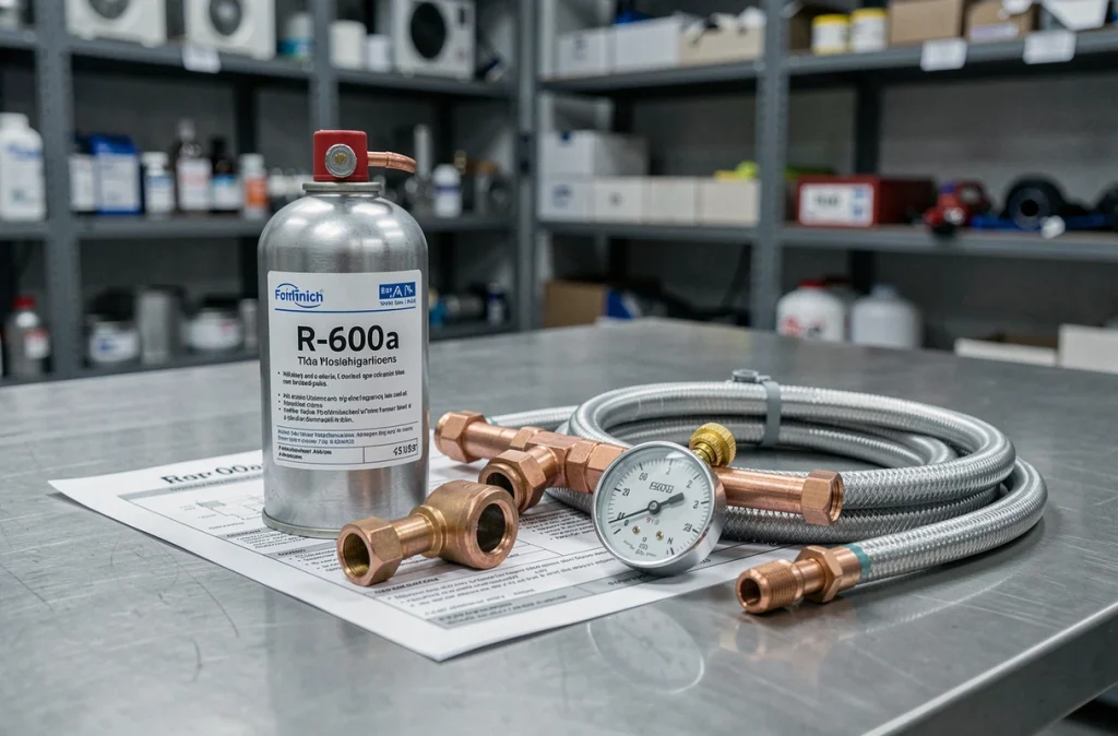 Composants du circuit de gaz réfrigérant moderne R-600a et outils de diagnostic sur un établi de technicien