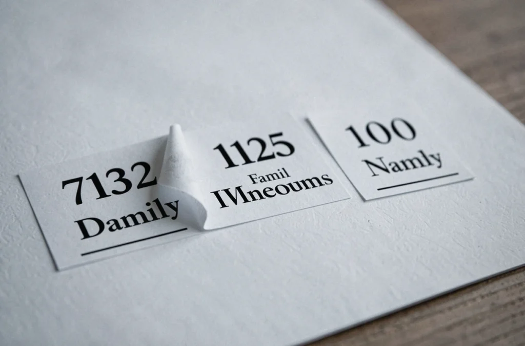Gros plan sur des étiquettes imprimées pour boîte aux lettres avec noms et numéros, posées sur une table