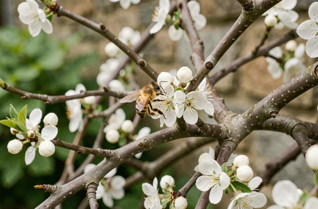 Gros plan sur des fleurs d'aubépine avec une abeille sauvage pollinisant la haie naturelle dans un jardin de printemps