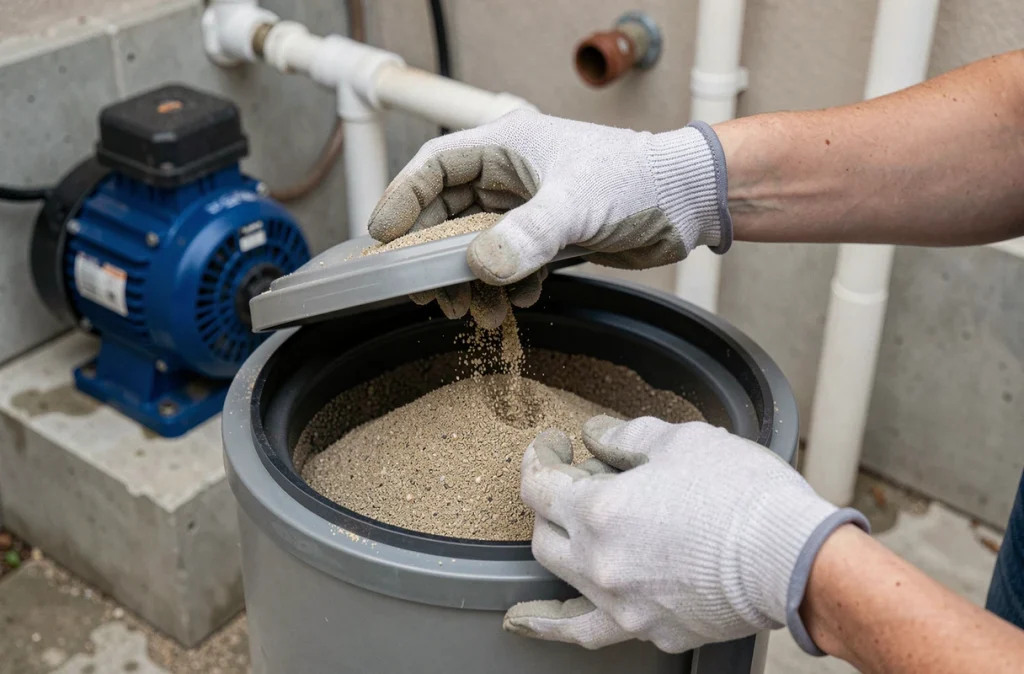 Gros plan sur des mains gantées ouvrant un filtre à sable de piscine pour vérifier le sable filtrant