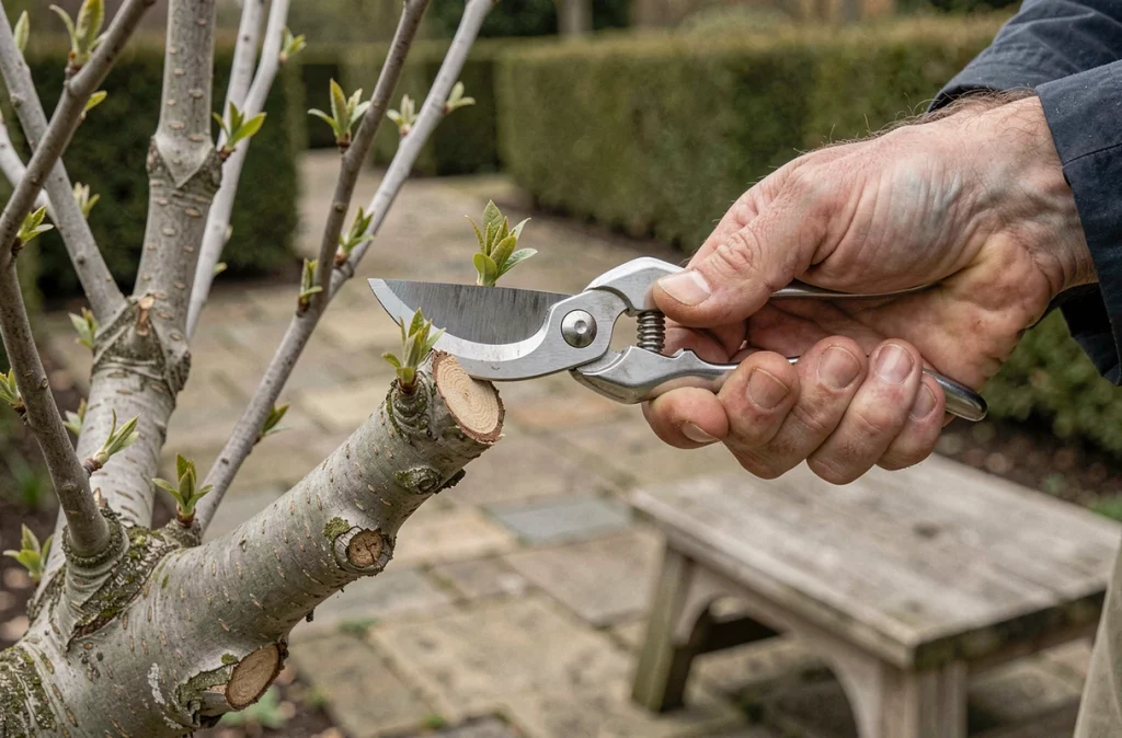 Gros plan sur des mains d'homme expérimenté utilisant un sécateur pour tailler un arbuste au printemps