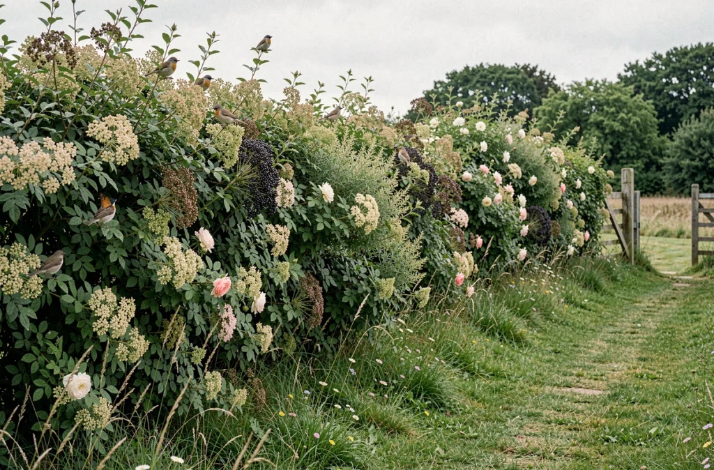 Haie champêtre mixte avec aubépine, sureau et églantier offrant un habitat naturel aux oiseaux et aux insectes dans un jardin rural