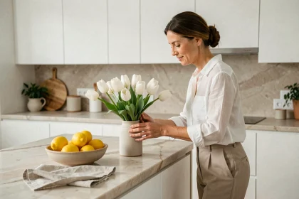 Femme arrangeant des fleurs dans une cuisine moderne lors d'une séance de home staging en France