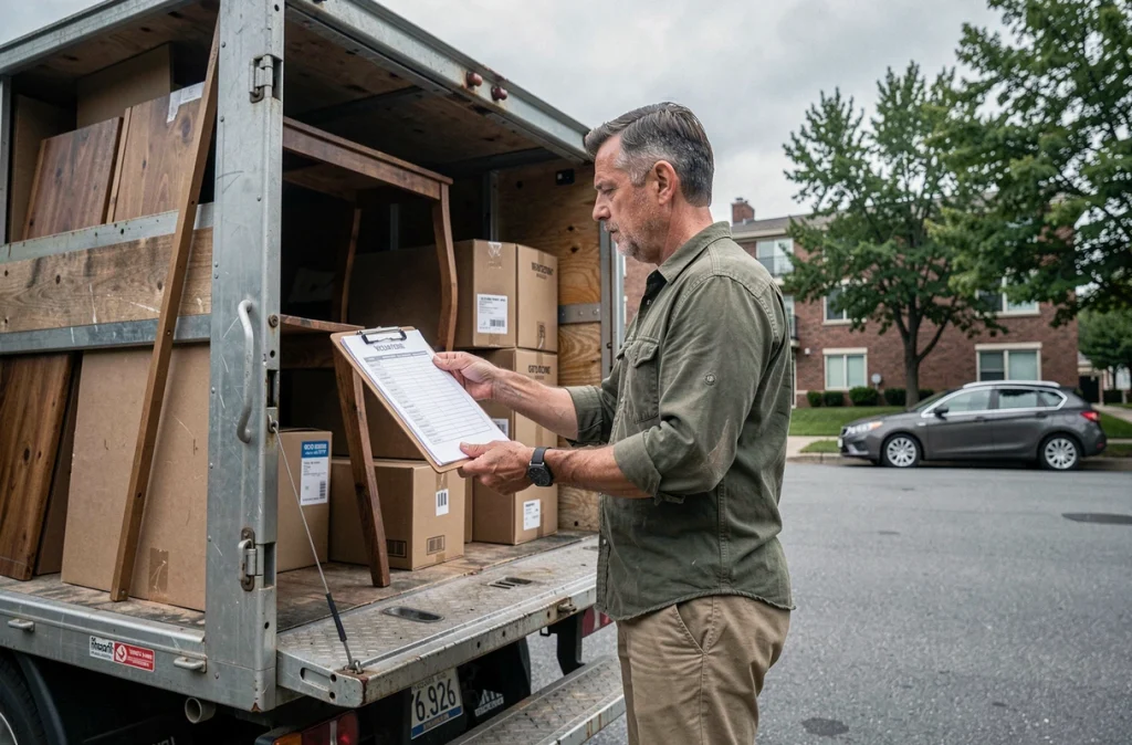 Homme vérifiant une check-list de déménagement devant un camion de déménagement chargé dans une rue résidentielle