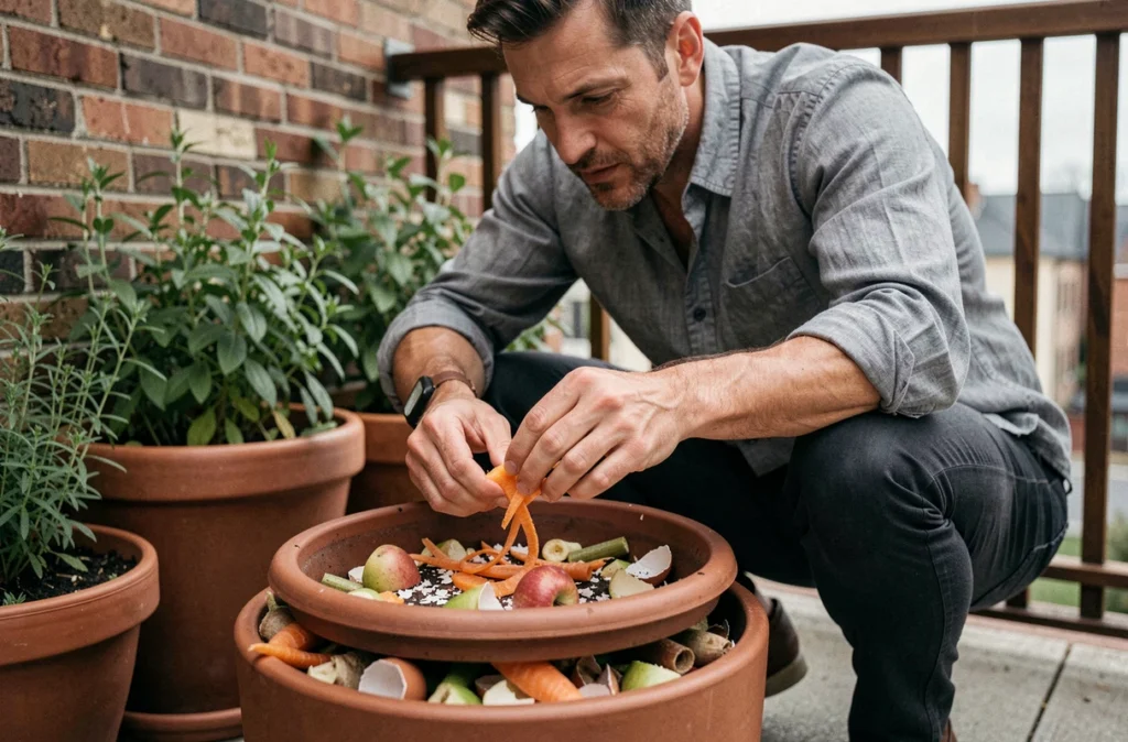 Homme ajoutant des épluchures de légumes dans un composteur sur un balcon urbain