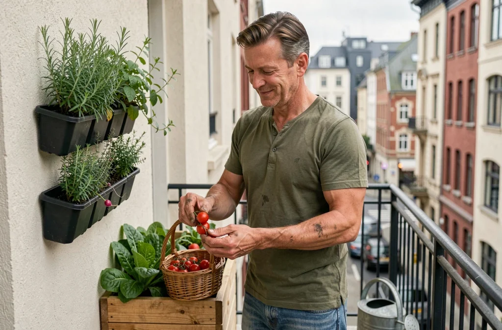 Homme récoltant des tomates cerises sur son balcon potager urbain avec jardinière verticale et caisse surélevée