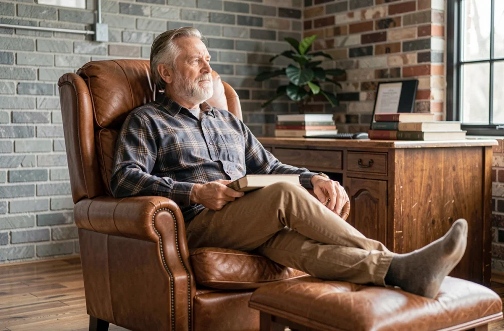 Homme senior installé dans un fauteuil de lecture en cuir avec repose-pieds dans un bureau à domicile au style classique