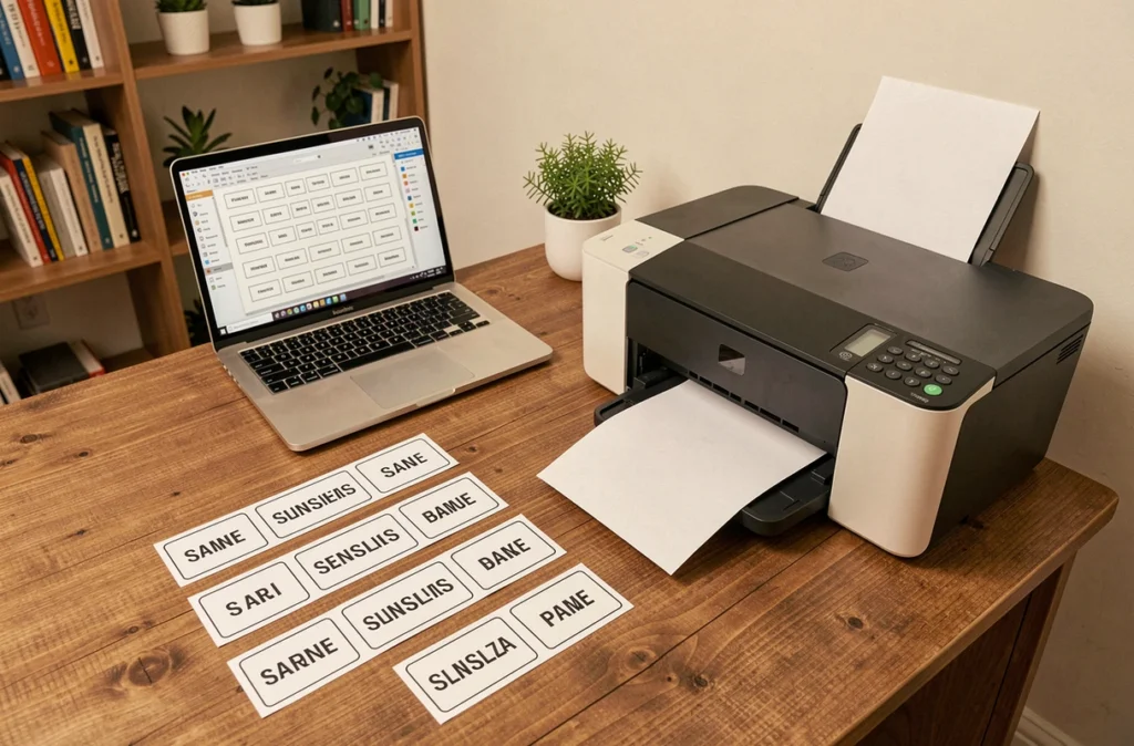 Imprimante à domicile imprimant des étiquettes pour boîte aux lettres sur un bureau de télétravail