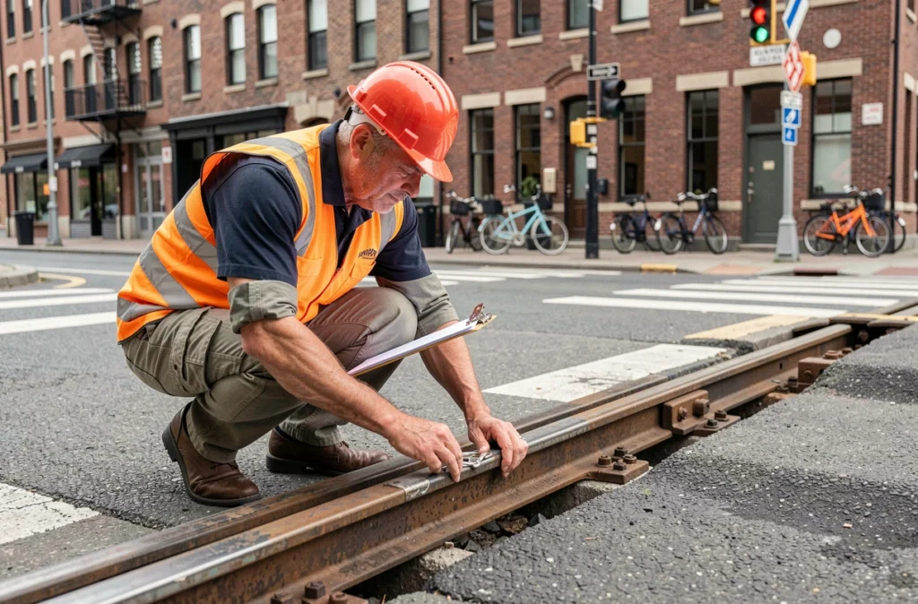 Inspecteur ferroviaire examinant un passage à niveau en milieu urbain avec clipboard et équipement de sécurité