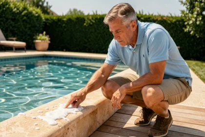Homme inspectant des dépôts calcaires sur le carrelage d'une piscine extérieure en été