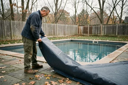 Homme installant une bâche d'hivernage bleue sur une piscine rectangulaire en automne, terrasse en pierre et feuilles mortes au sol