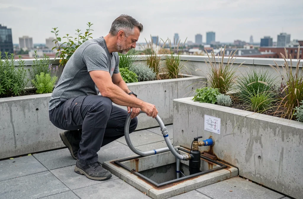 Homme installant un système d'irrigation connecté à une citerne enterrée sur une terrasse urbaine végétalisée