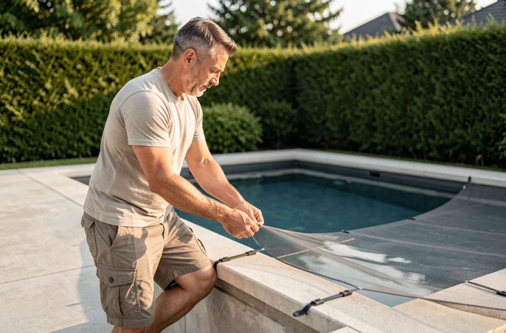Homme installant un filet anti-insectes autour d'un bassin de jardin moderne en béton