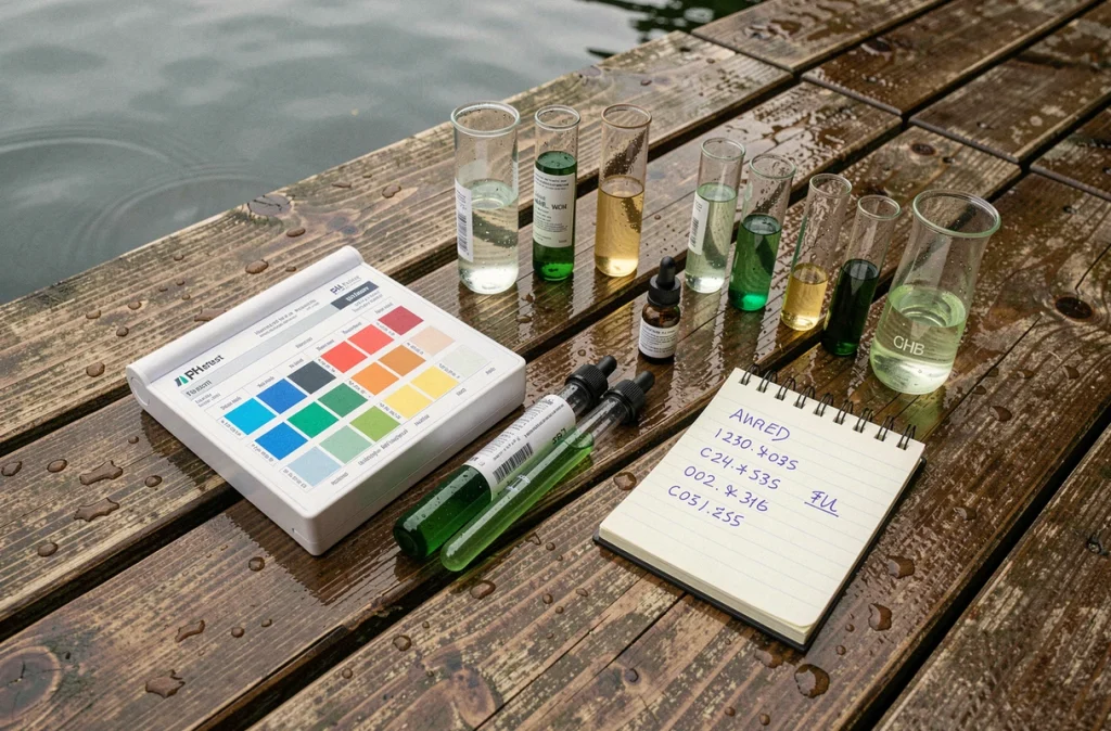 Kit de test de pH posé sur une terrasse en bois au bord d'un lac naturel avec tubes et tableau de comparaison des couleurs