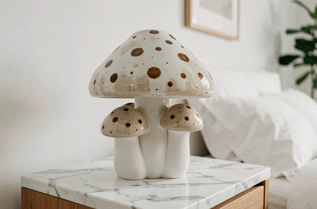 Gros plan sur une lampe champignon en céramique artisanale blanche et beige sur une table de nuit en marbre dans une chambre minimaliste