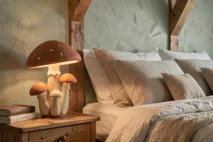 Lampe de chevet en forme de champignon posée sur une table de nuit en bois dans une chambre cosy aux murs texturés vert sauge