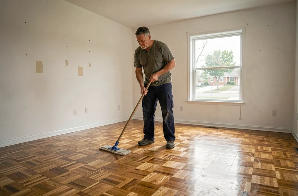 Homme en train de laver le parquet d'un salon entièrement vide avant de rendre les clés de son logement