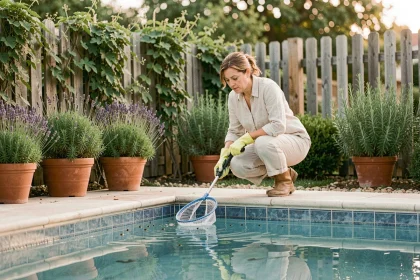Femme retirant des insectes de la surface d'un bassin avec une épuisette dans un jardin méditerranéen