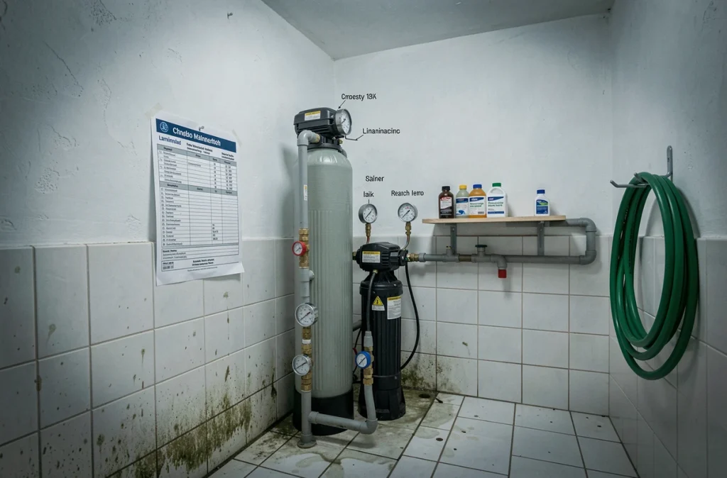 Local technique de piscine avec filtre à sable, pompe de circulation et équipements d'entretien organisés