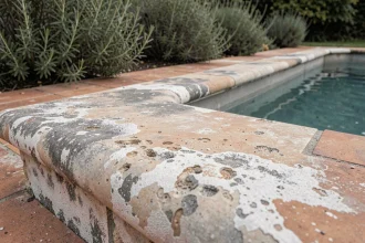 Margelle de piscine ternie par le soleil avec dépôts calcaires et surface décolorée avant restauration