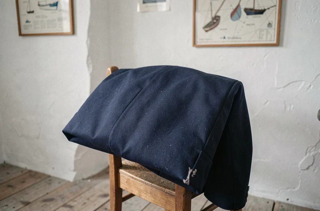 Veste d'uniforme marine bleu profond pliée sur une chaise en bois dans une maison côtière aux murs blanchis