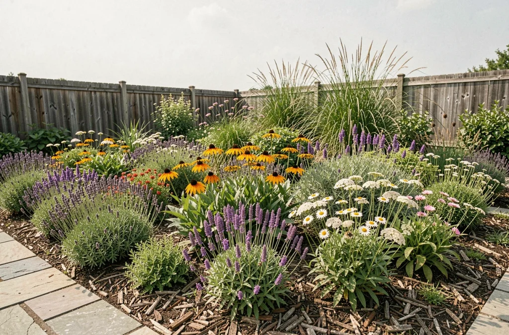 Massif de fleurs vivaces en pleine floraison estivale avec lavande, rudbeckia et achillée le long d'un chemin de jardin en pierre