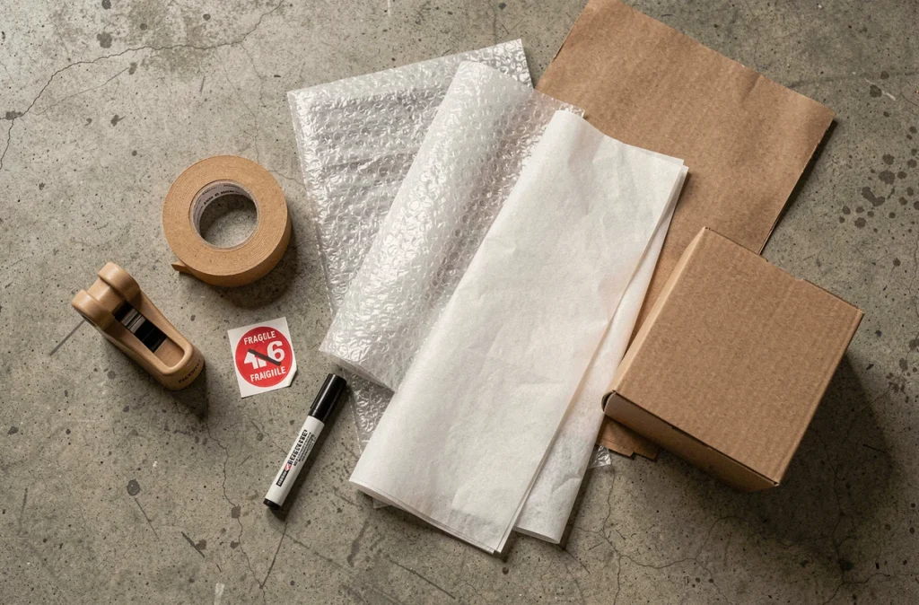 Vue à plat du matériel d'emballage professionnel pour déménagement incluant ruban adhésif, papier bulle et cartons