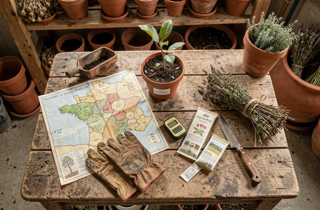 Matériel de plantation d'arbres fruitiers adaptés au climat régional disposé sur une table en bois dans un cabanon de jardin